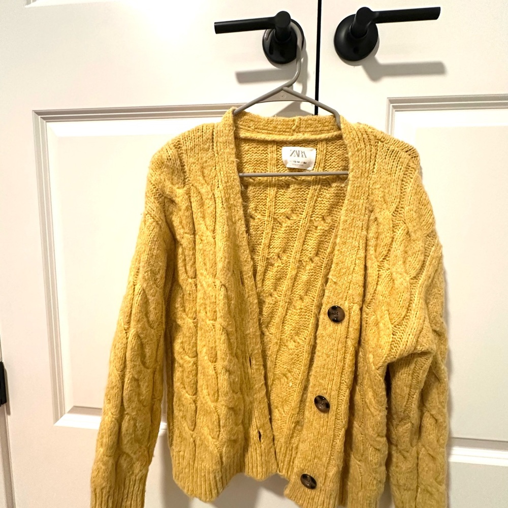 Zara Yellow Cable-Knit Button-Front Cardigan